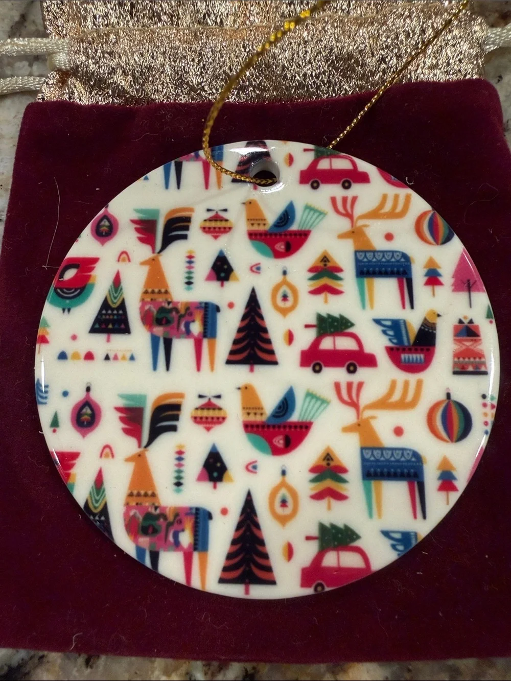 Festive Multicolor Folk Art Ceramic Ornament Pendant.